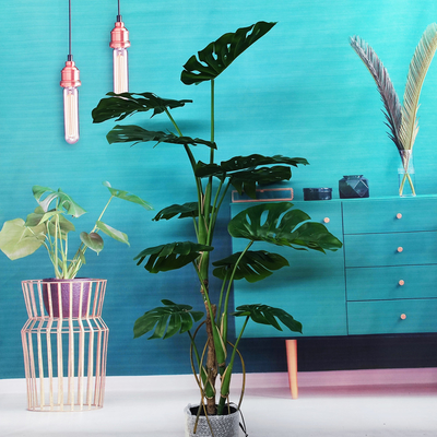 Plastic Artificial Potted Floor Plants Golden Monstera Tree Table Centerpiece Decoration